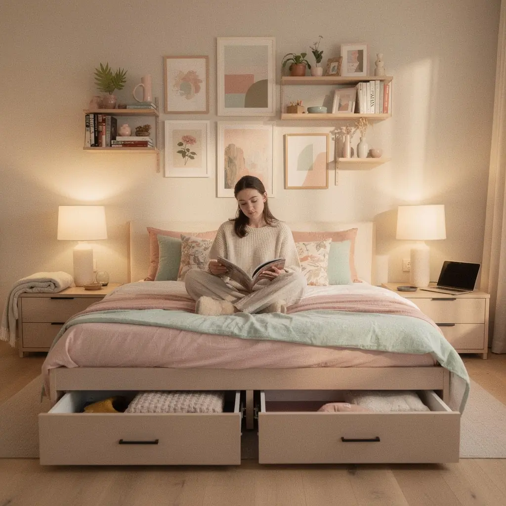 Ванная комната с эффективным использованием пространства и элегантным освещением.