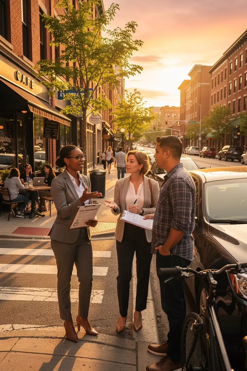 Водитель, обсуждающий варианты автострахования с агентом
